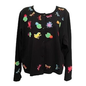 Vintage 80s / 90s Frog Embroidered Black Cardigan size women’s small - dragonfly